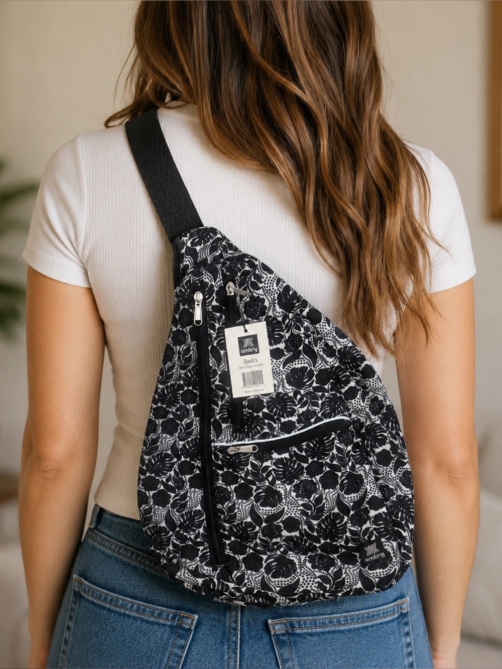 Ambry Bella New Sling Bag Black/White Floral Adjustable Strap 2 Matching Pouches